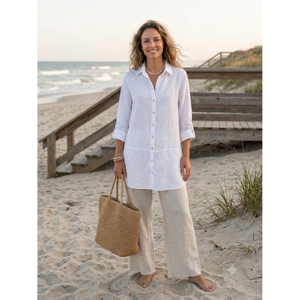 Tahari‎ Shirt S White Linen Boho Coastal Minimalist Beachy Lagenlook